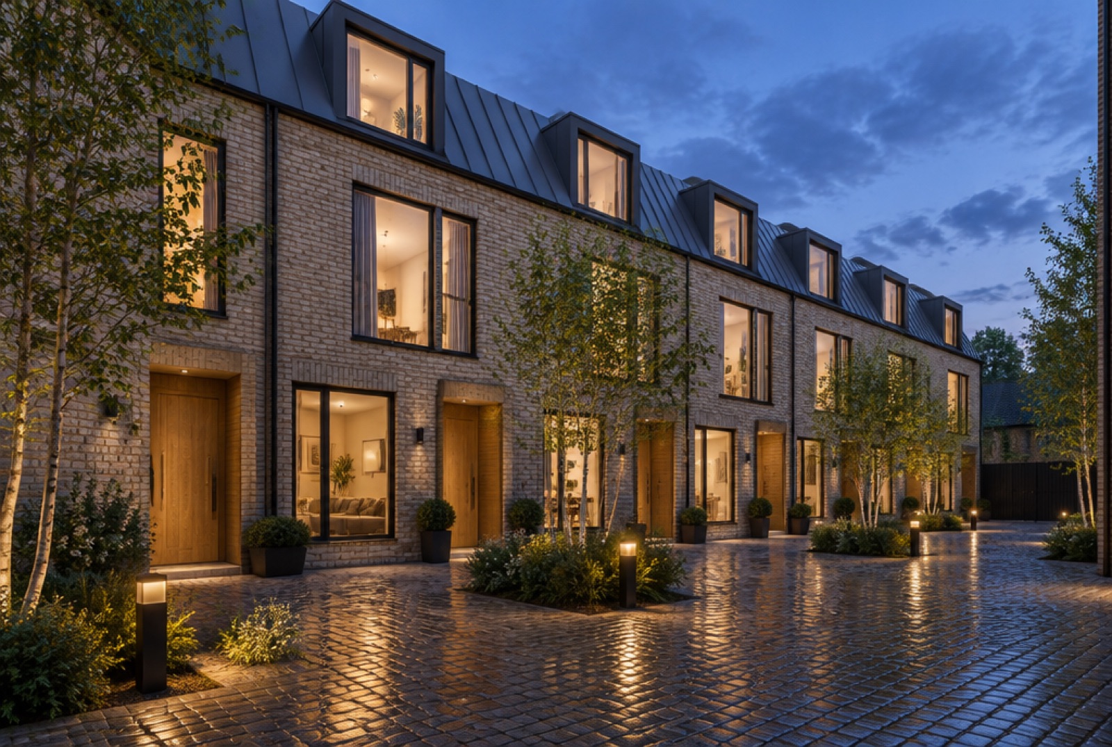 Brick mews houses at dusk