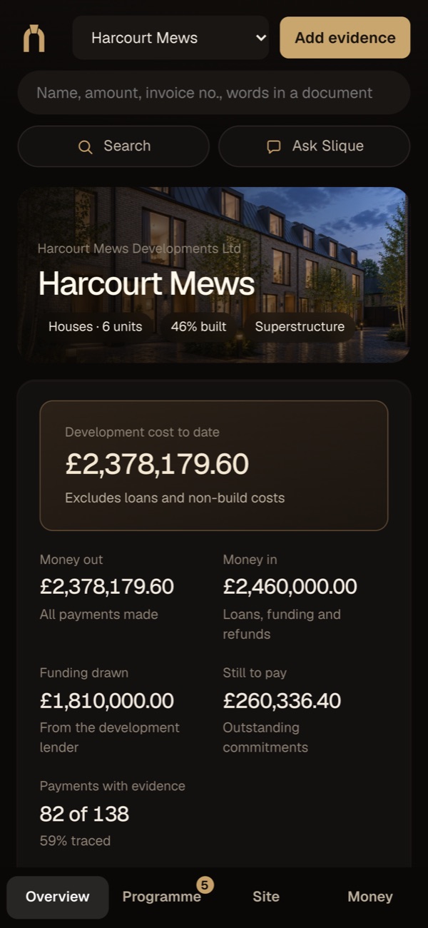 Slique on a phone: a development's cost to date, money in and out, and still to pay